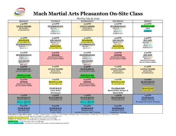 Pleasanton Mach Martial Arts Class Schedule as of July 22 2024